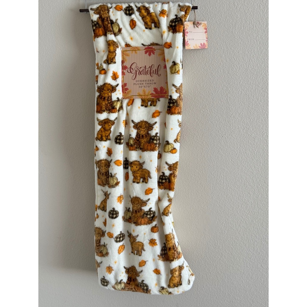 Grateful Highland Cow Pumpkin Oversized Plush Throw Blanket 50x70 Fall Decor